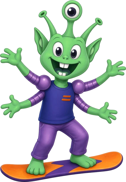 Mushy the Martian, a smiling green alien with three eyes and four arms, riding an orange snowboard