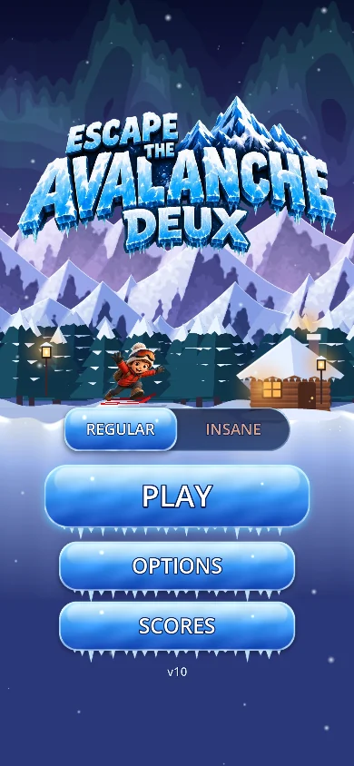 Escape the Avalanche Deux home screen: icy logo, aurora sky, snowy mountains, a log cabin and a rider on the slope, with Regular and Insane mode switch and Play, Options and Scores buttons